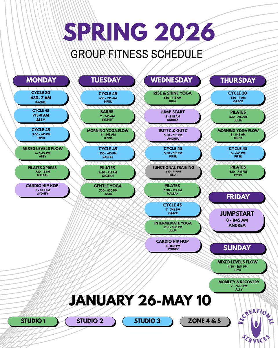 🚨 NEW SCHEDULE ALERT 🚨
Our Spring Group Fitness Schedule drops Monday 1/26! 💜
Classes are FREE for all K-State students/Rec members—no excuses, just movement. 💥💪
#kstaterec #springintofitness