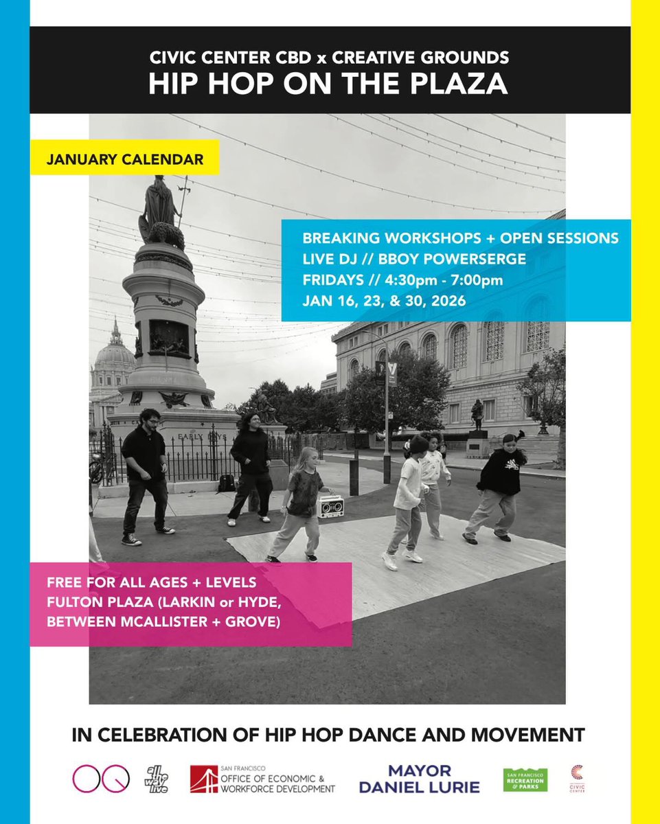 RecParkSF's tweet photo. All The Way Live Foundation's Hip Hop on the Plaza is back at Fulton Plaza (Fulton Street between Larkin &amp; Hyde streets) on Fridays, w/ the next on 1/23 from 4:30-7PM. It’ll feature a breaking workshop at 4:30PM, followed by a dance session. Details at https://t.co/oom47y8f4d. https://t.co/AZ2mXFHUh0