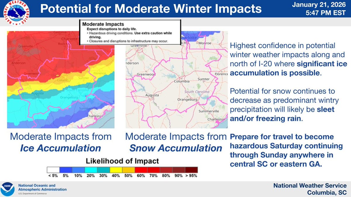 Winter weather possible Saturday with highest potential for moderate impacts along and north of I-20, mainly from the potential for significant ice accumulation. Travel disruptions will be possible for the entire area, likely continuing into Sunday. #scwx #gawx