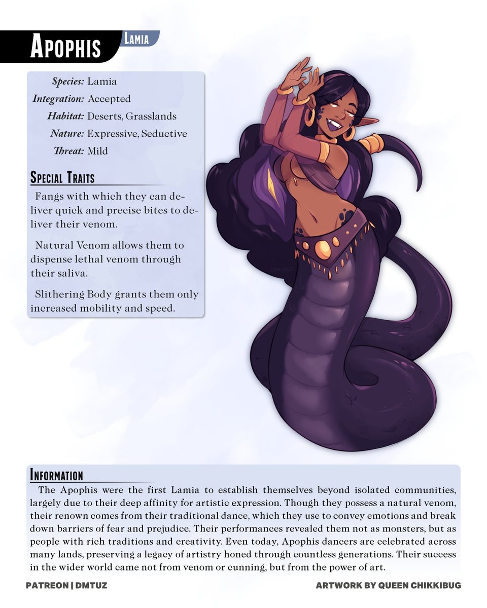 dm_tuz's tweet image. How about more Lamia for the non-TTRPG crowd?
[Part 1/2]

The full PDF is available under the link below, containing the entire series so far in one file!

#monstergirls #monstergirl #monstergirlencyclopedia #DnD #dnd5e #dungeonsanddragons