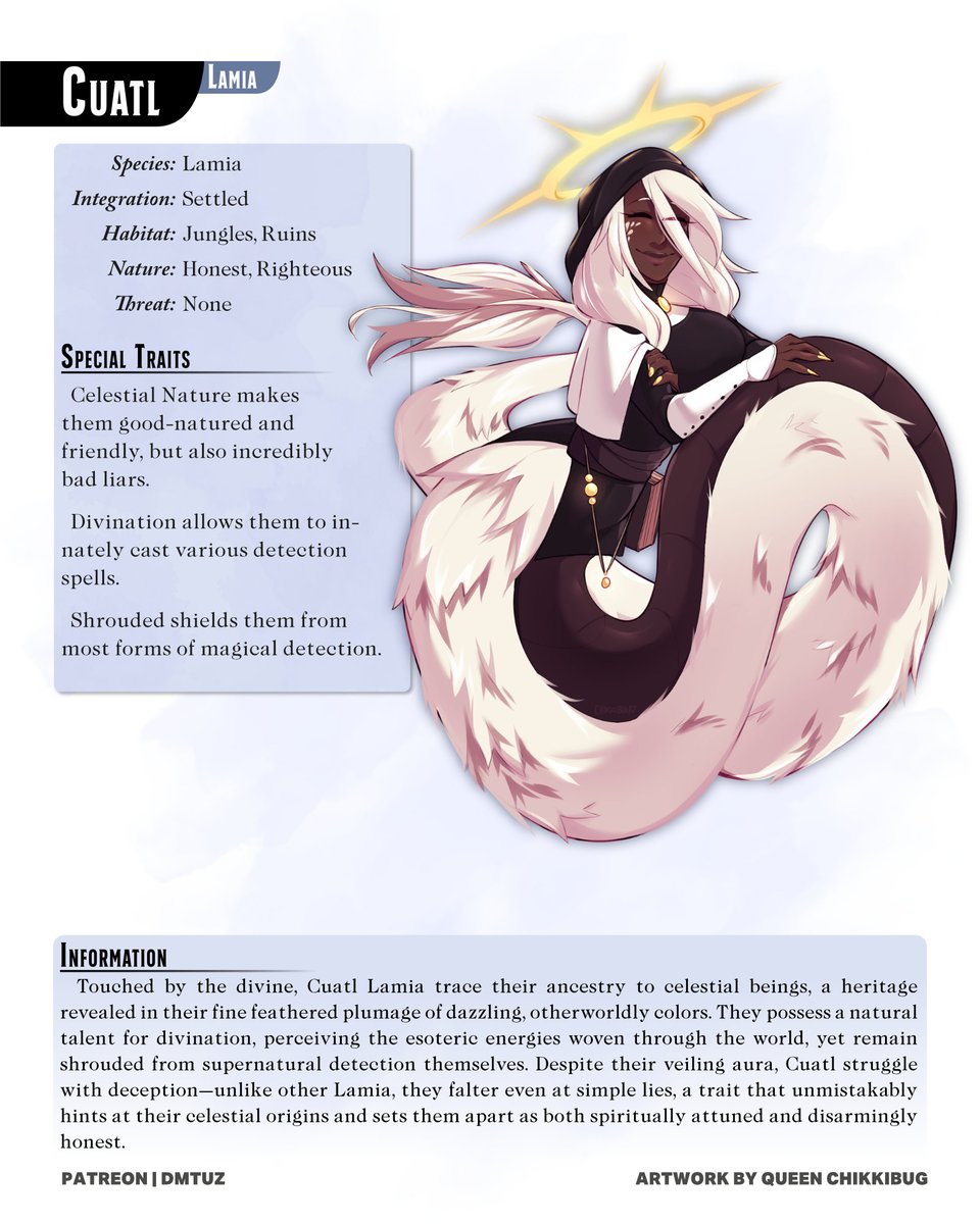 dm_tuz's tweet image. How about more Lamia for the non-TTRPG crowd?
[Part 1/2]

The full PDF is available under the link below, containing the entire series so far in one file!

#monstergirls #monstergirl #monstergirlencyclopedia #DnD #dnd5e #dungeonsanddragons
