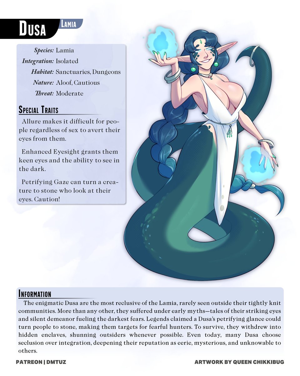 dm_tuz's tweet image. How about more Lamia for the non-TTRPG crowd?
[Part 1/2]

The full PDF is available under the link below, containing the entire series so far in one file!

#monstergirls #monstergirl #monstergirlencyclopedia #DnD #dnd5e #dungeonsanddragons