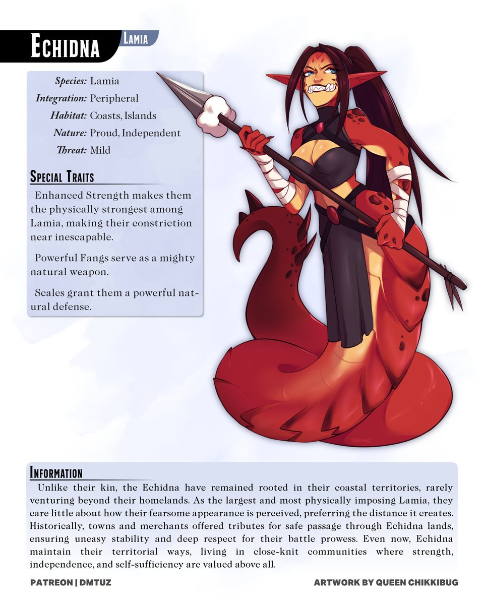 dm_tuz's tweet image. How about more Lamia for the non-TTRPG crowd?
[Part 1/2]

The full PDF is available under the link below, containing the entire series so far in one file!

#monstergirls #monstergirl #monstergirlencyclopedia #DnD #dnd5e #dungeonsanddragons