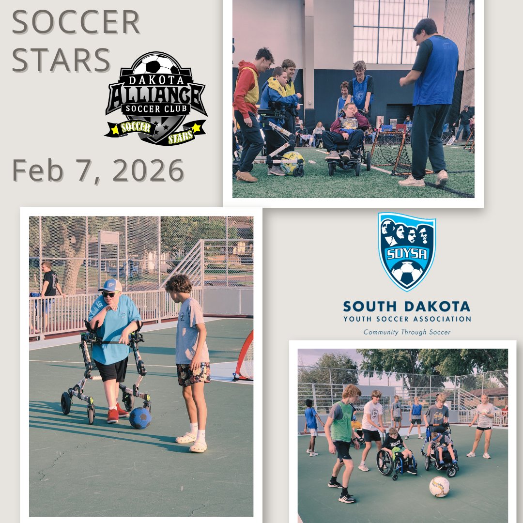 Dakota_Alliance's tweet photo. 🌟 Soccer Stars Spotlight!
Join us at the @SDYouthSoccer High School Senior All-Star Game for a special adaptive session on Feb. 7 at the @sanford_complex Fieldhouse.
Players from across the state are welcome! ⚽️
👉 Sign up: https://t.co/pFb6oI37xU https://t.co/SWqOOz2eon
