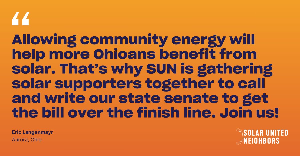 SolarNeighbors's tweet image. Not everyone has the "perfect" roof for #solar but everyone deserves the benefits of #CleanEnergy.

That’s why we’re pushing for Community Energy #legislation in #Ohio!

Take action now! bit.ly/3NoJzP