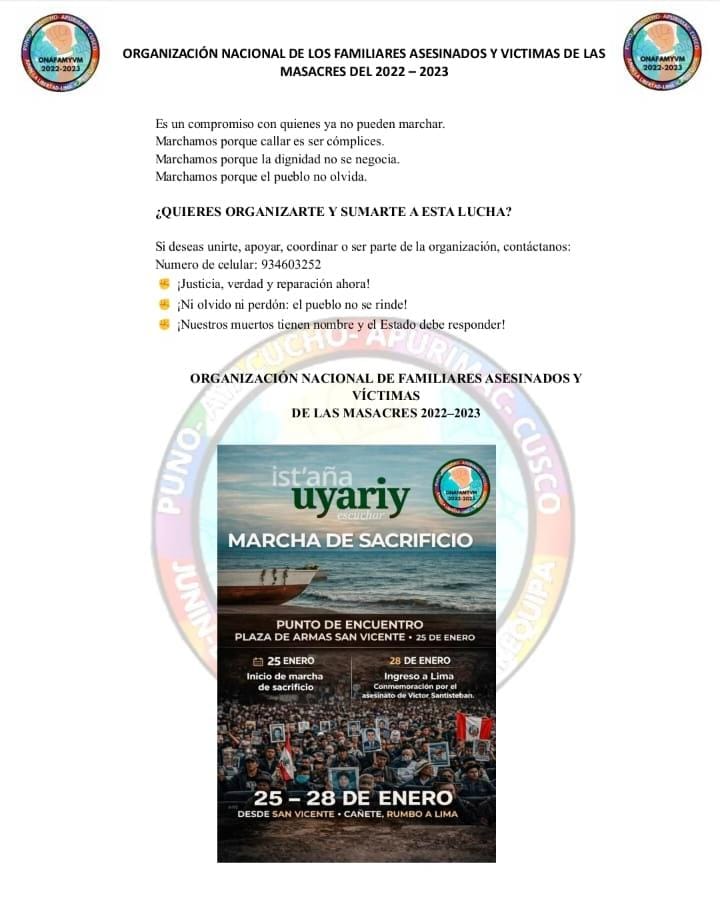 Si #Uyariy te indignó: este es el momento de actuar 👇🏾

Leamos el pedido de familiares de asesinados y heridos de la masacre de #DinaAsesina. CONVOCAN a MARCHA de SACRIFICIO de Ica a Lima (25-28 enero)

"¡No sólo es una marcha, es un grito colectivo contra el silencio impuesto!"