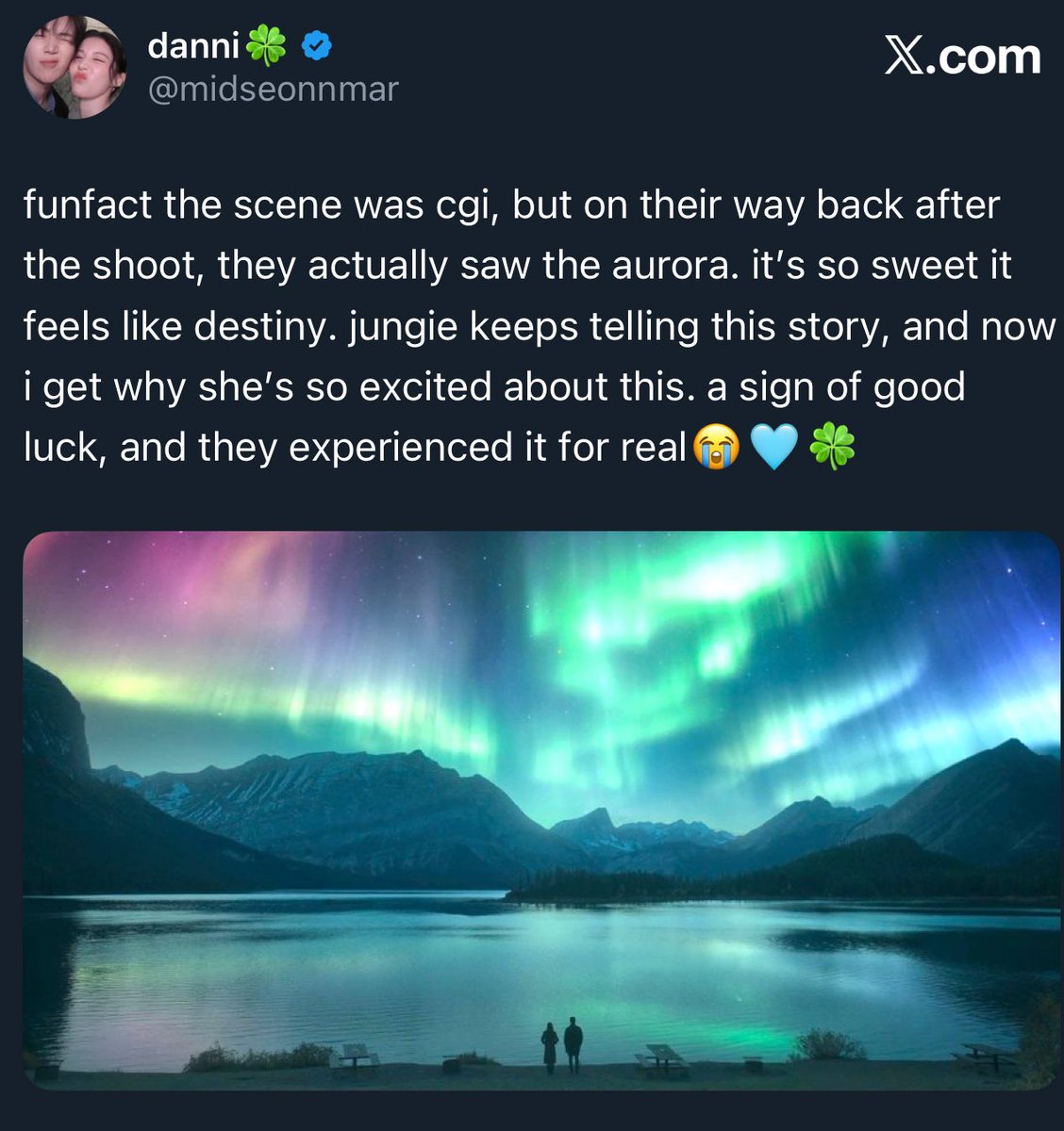 midseonnmar's tweet image. the parallels between #CanThisLoveBeTranslated &amp;amp; real life are unreal. in japan, jungie found 4-leaf clovers &amp;amp; gave them to seonho to bring them closer; in canada, they miss the aurora while filming but see it on the way home; today, jungie hits 10M followers just like muhee🩵🍀