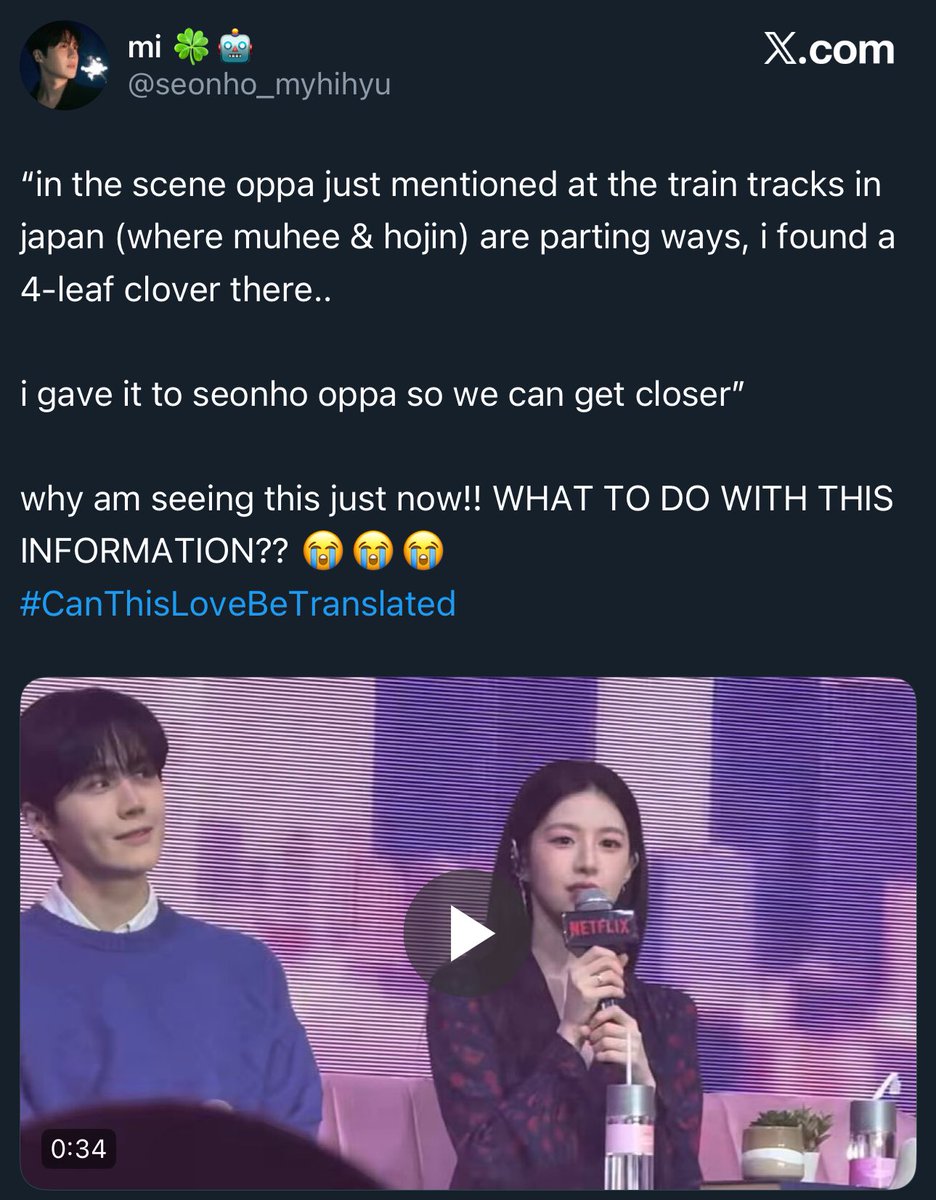 midseonnmar's tweet image. the parallels between #CanThisLoveBeTranslated &amp;amp; real life are unreal. in japan, jungie found 4-leaf clovers &amp;amp; gave them to seonho to bring them closer; in canada, they miss the aurora while filming but see it on the way home; today, jungie hits 10M followers just like muhee🩵🍀