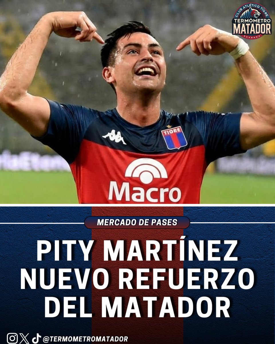 [#MercadoDePases] PITY MARTÍNEZ ES MATADOR ✅

📌 Según <a href="/gu2lle/">Guillermo Cardozo 🎙</a> y  <a href="/garcialuciano27/">Luciano García</a>, el enganche llegará al #ClubAtléticoTigre con contrato por 18 meses.

➡️ Campeón de la Libertadores 2018 con #RiverPlate, ex #Huracan y #AtlantaUnited 🇺🇸

🤔 ¿Te gusta este refuerzo?