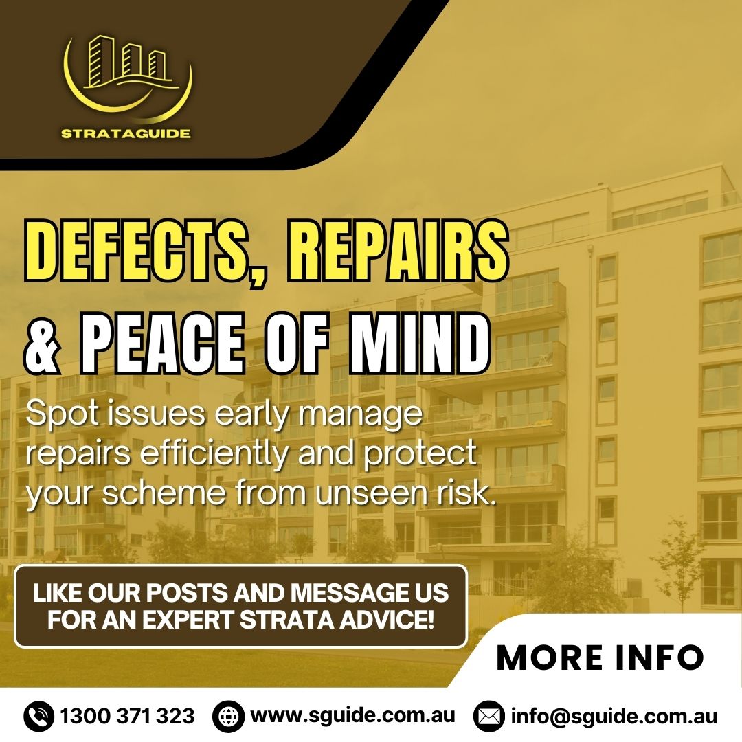 Peace of mind starts with catching defects early. Strataguide helps you manage repairs smartly, protect your scheme and boost community confidence. 🛠️🏢

#strata #stratamanagement #propertyservices #maintenance #peaceofmind #strataguide #ownerscorporation #bodycorporate
