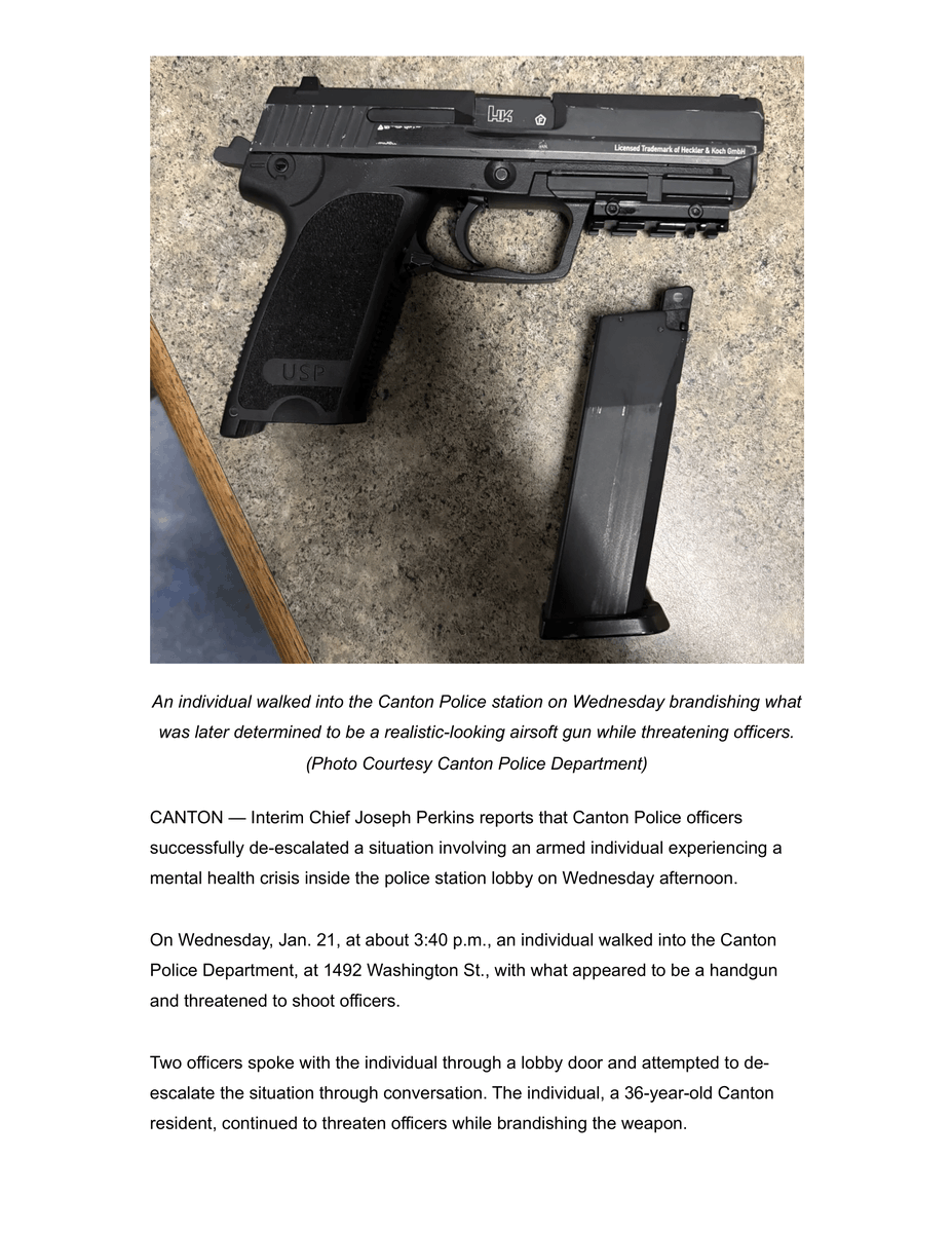 CantonMAPolice's tweet photo. Community Alert:
Jan. 21, 2026
Canton Police Officers De-Escalate Mental Health Crisis Involving Armed Individual in Station Lobby.
See attached for the incident that occurred in the Lobby of Canton Police Headquarters. https://t.co/XYD1OTKb8u