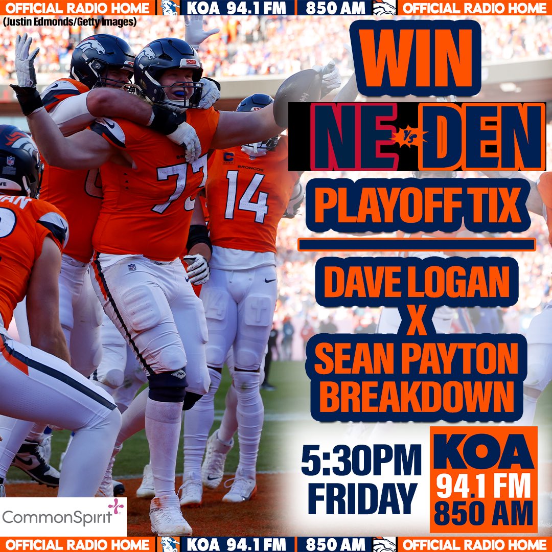 KOAColorado's tweet image. 3 ways to WIN Pats-Broncos playoff tix ⬇️
 
1️⃣ REPOST this &amp;amp; reply with #sweepstakesentry to win right here!
 
2️⃣ LISTEN to KOA 5:30pm Friday!

3️⃣ GO to the KOA IG!

Sponsored by @CommonSpiritMTN