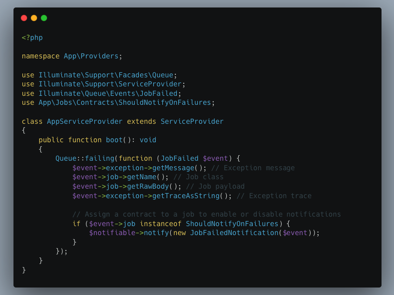 MikelAlilaj's tweet photo. Laravel Tip : Control Failed Job Notifications 💡

Need to monitor failed jobs but don’t want notifications for all of them?
Use a contract to decide which jobs should trigger failure notifications 🚀

#Laravel #PHP #WebDev #Programming #DevTips https://t.co/BkYfy25Zsz