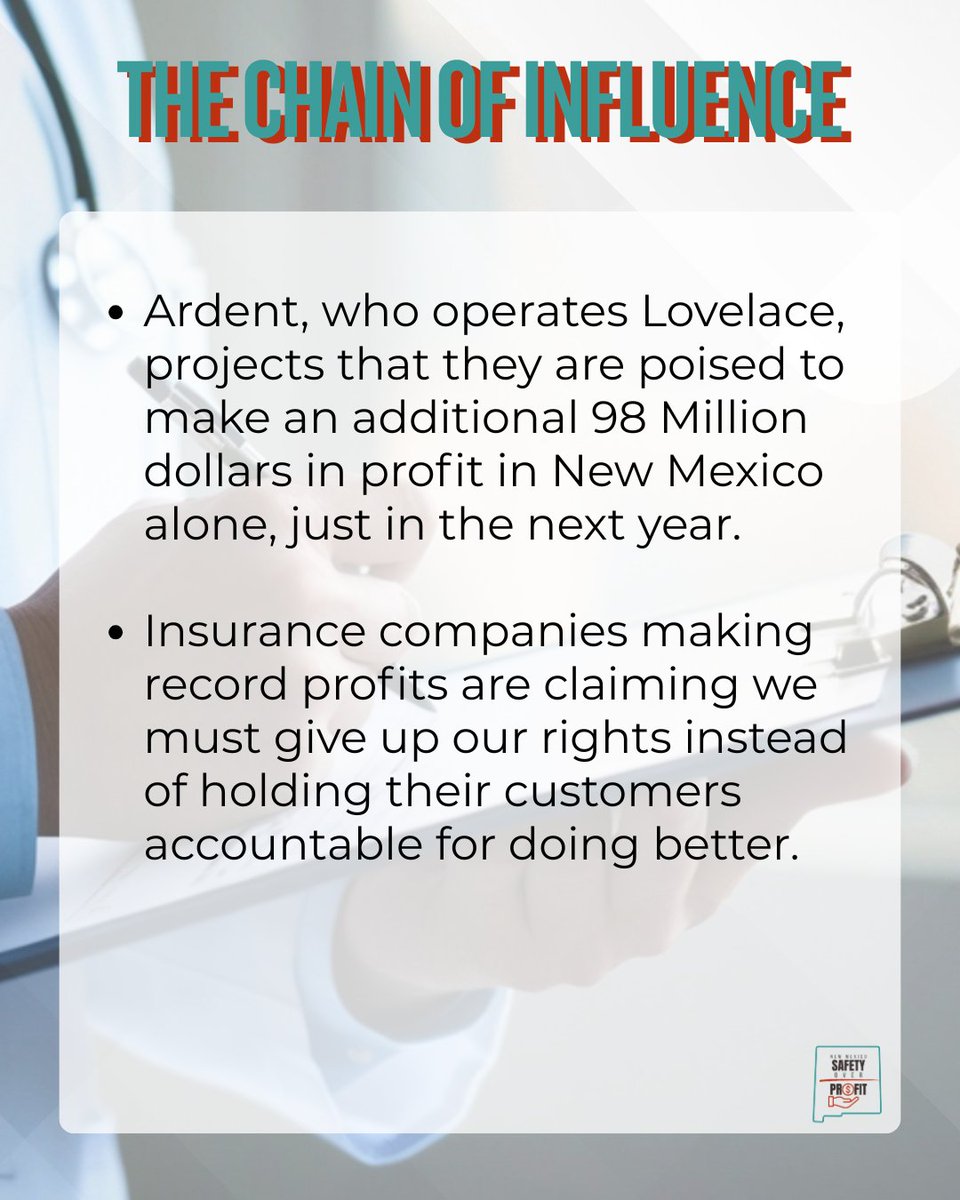 NMSafety1st's tweet photo. New Mexico Safety Over Profits wants you to know what corporate hospitals and big insurance companies are doing with their money.

When corporations hurt patients, they don’t fix the system. They fix the narrative and gaslight the public into thinking they’re the real patient advocates.

Here are the facts: corporate hospitals and insurers are spending millions in New Mexico to change our laws and limit access to justice when people are harmed by negligence and mismanagement.

Corporate mergers and so called "patient groups" are used to weaken protections and tip the scales toward corporate investors.

Transparency matters. Follow the money. Ask who benefits. Demand healthcare reforms that truly serve New Mexico.