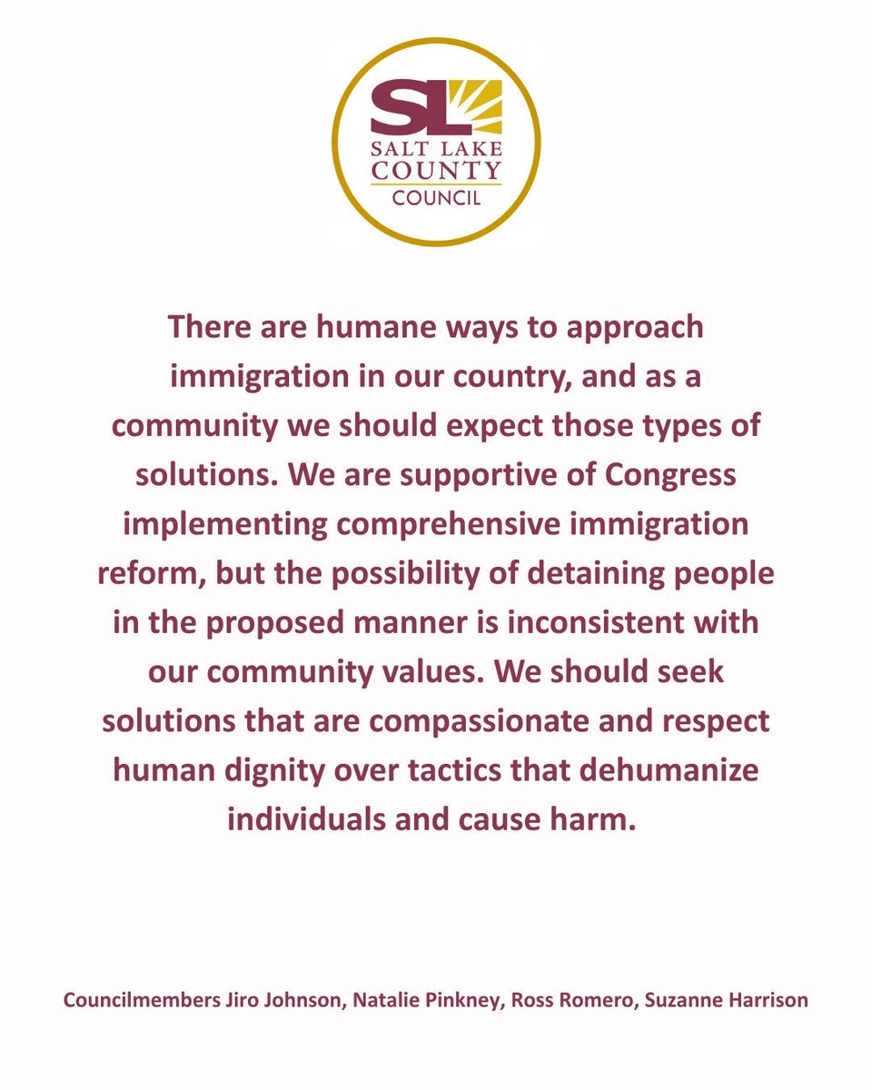 SLCoAtLargeC's tweet photo. In Salt Lake County, we believe all are welcome and we come from a history of people who found this place to be a place of belonging. We believe in human dignity and do not need ICE or any detention center in our county https://t.co/DDWUkSJCl3