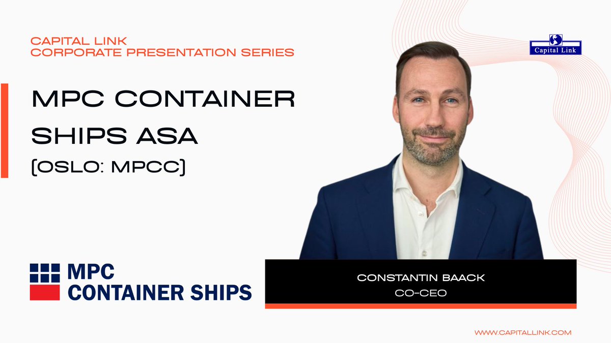 CapitalLink's tweet image. 📽️Replay Available!
🚢 MPC Container Ships ASA Corporate Presentation featuring co-CEO Constantin Baack on business development, strategy, growth prospects, and overall #container sector outlook.

👉Watch discussion here: youtu.be/A67QkRvArNk

 #containerships #globaltrade