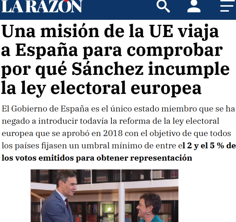 Sánchez se niega a armonizar la ley electoral española con Europa.

La UE exige que los partidos tengan un mínimo de votos a nivel NACIONAL (al menos 2%) para conseguir escaños y así evitar el chantaje de minorías

Pero eso perjudicaría a Bildu, PNV o ERC y aquí no toca armonizar