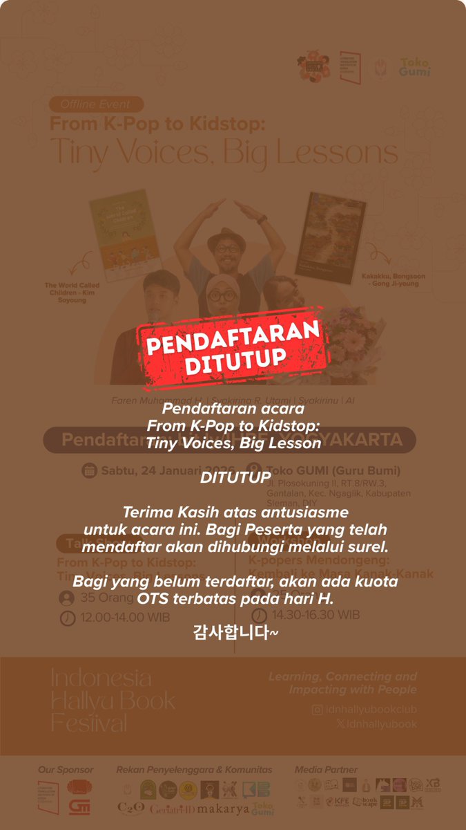 Idnhallyubook's tweet photo. PENDAFTARAN DITUTUP!

Bagi teman-teman yang sudah mendaftar akan ada surel konfirmasi kehadiran, jangan lupa dicek dan dibalas ya~~~

Bagi teman-teman yang belum mendaftar masih ada kuota ots (terbatas) silakan datang pada jam 11.00-12.00 utk regis ulang di toko Gumi pada hari H https://t.co/DH4biUe2EG