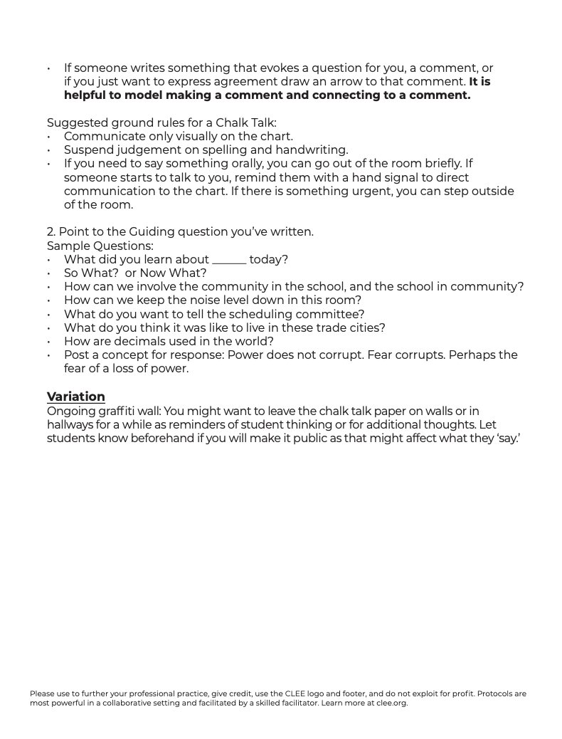 "We are going to ‘talk’ to each other visually with our markers without any talking out loud for about ___ minutes ... You can draw, use emojis, punctuation marks (e.g., exclamation, question…). We will not talk out loud at all."

Learn more, via <a href="/LeadforEquity/">LeadershipandEquity</a>: