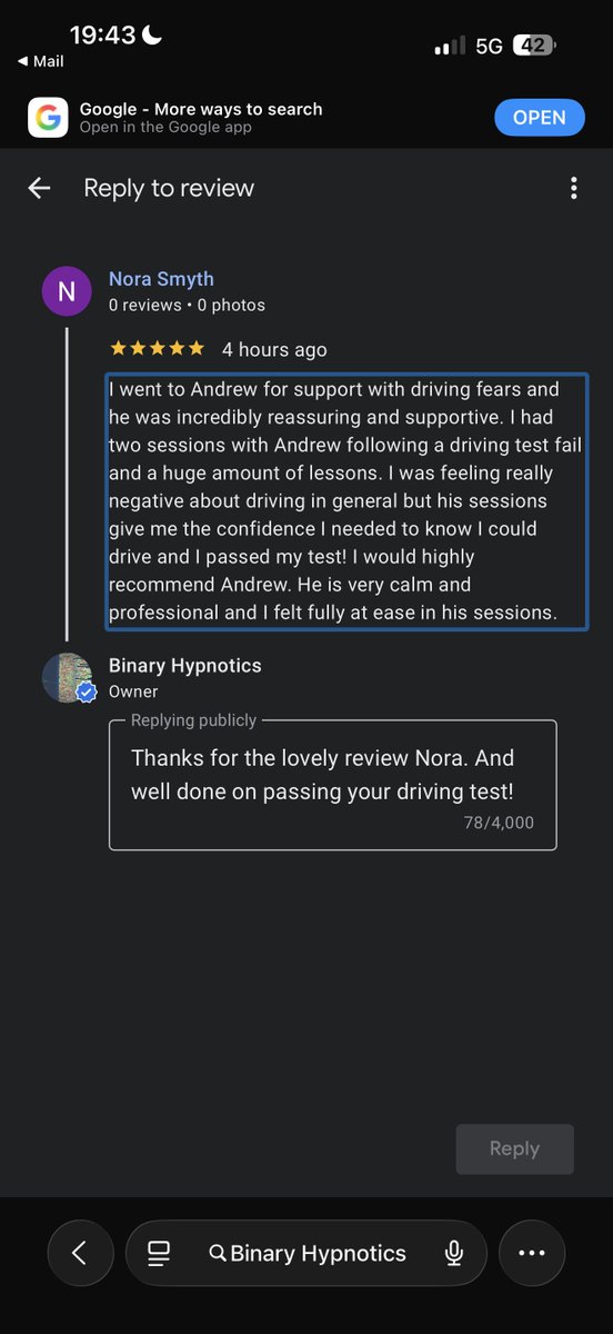 BinaryHypnotics's tweet photo. Massive congratulations to Nora Smyth for passing her driving test after just 2 hypnotherapy sessions 👏

When nerves take the wheel, confidence can take a hit: so it’s brilliant to see calm, focus and results this quickly.

#DrivingTest #Hypnotherapy #Success https://t.co/xJ9sbNTguK