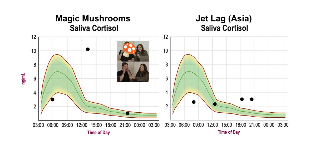 bryan_johnson's tweet photo. The image on the right shows why jet lag feels like death☠️.

Left: Magic Mushrooms (25mg psilocybin) 
Acute cortisol spike, deviating from the expected rhythm. An expected, healthy, time-locked stress response. It resolved quickly, returning to baseline. This is adaptive.✅ 

Right: Jet Lag (post 9 days in Asia) 
Biological chaos. My adrenals and circadian rhythm were crushed. The data shows an inverted diurnal rhythm: suppressed in the morning, elevated at night. The result: accelerated aging, immune dysfunction, and impaired glucose control. 

Mushrooms were a trip, jet lag an injury.