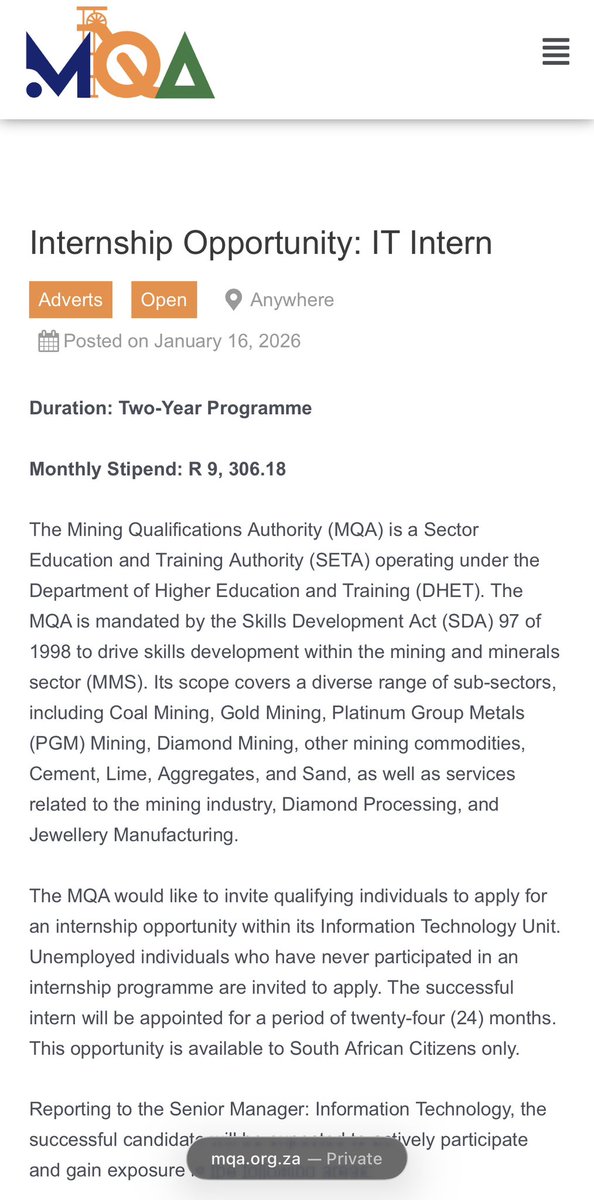 rsacareerhelp's tweet photo. MQA has internship opportunities 🚨🚨use this link for full post details: https://t.co/iiAqoTTOaN

Closing date: 26/01/2026

#dhet  #Khetha #cds #opportunities  #OpportunitiesForAll https://t.co/95lHryJ5vw
