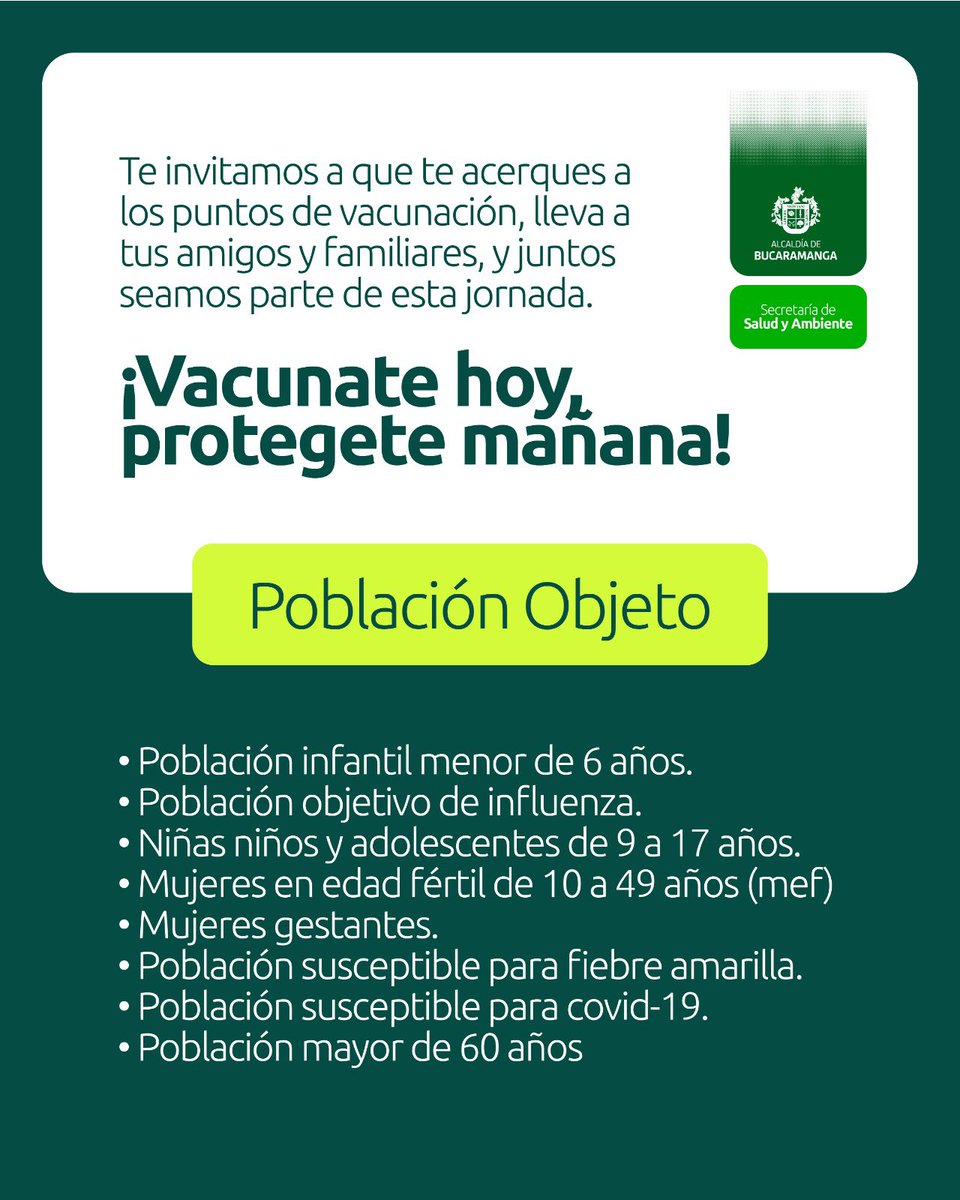 💉📚 Regreso a clases con las vacunas al día.

Este 24 de enero, Bucaramanga se suma a la Primera Jornada Nacional de Vacunación con puntos y horarios extendidos.

Vacunarse es proteger la vida. ¡Acércate!