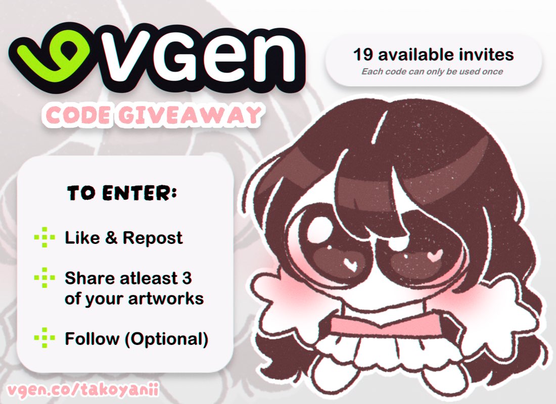 💚 VGen Code Giveaway ✨

💌 19 Codes Available
✦ Like &amp; Repost
✦ Share atleast 3 of your artworks
✦ Follow (Optional)

Open until all codes given 🤍
#vgencodegiveaway #vgencode
