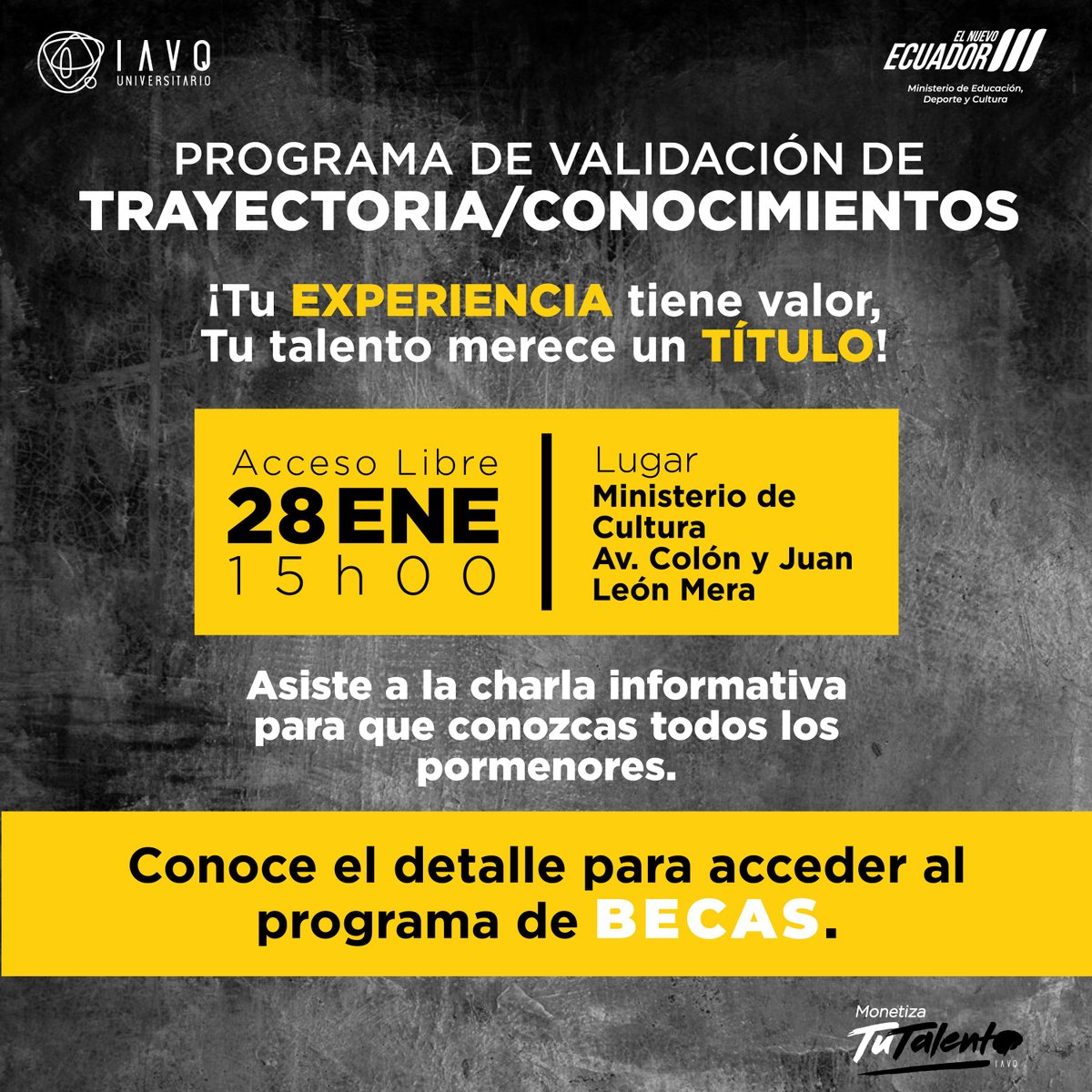 Tu experiencia vale un título
En el IAVQ somos los únicos en el país que te titulamos en 3 meses en el área artística y cultural.
📢Charla informativa gratuita
🗓28 de enero | ⏰15h00
📍Ministerio de Cultura
Regístrate aquí 👉 bit.ly/4qIjk51
No pierdas esta oportunidad.