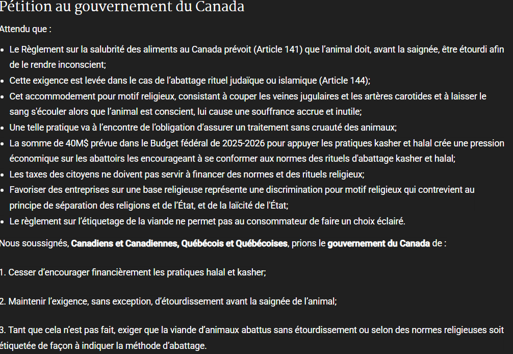 robear54's tweet image. Le Gouvernement du Canada vient d'allouer 40 millions $ aux abattoirs du pays pour se conformer aux normes d'abattage rituel kasher ou halal, sans l'étourdissement des animaux avant leur mise à mort.

Si vous désirez signifier votre désaccord, veuillez signer la pétition qui…
