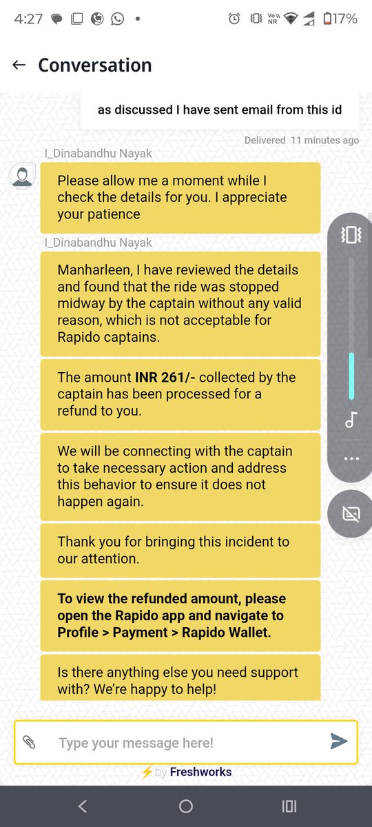 Manharleen_K's tweet photo. @RapidoCares @rapidobikeapp
@jagograhakjago Airport cab driver appeared intoxicated, drove rashly &amp; took ₹522 cash offline. Support accepted this on chat but refunded only ₹261, then closed the chat. I want my invoice. Resolve in 24 hrs. https://t.co/nMu98xlRxo