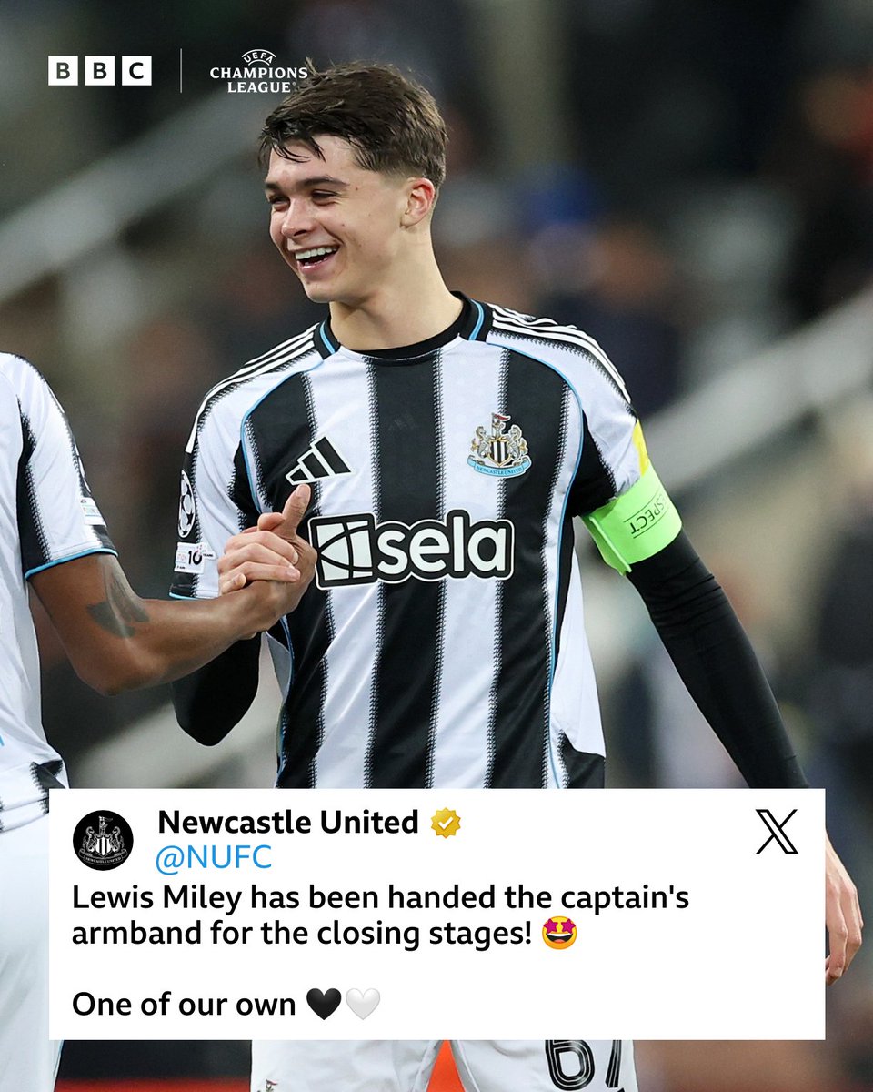 Joined Newcastle at 7-years-old and now captaining them in the Champions League at 19 👏

What a moment for Lewis Miley! ⚫⚪