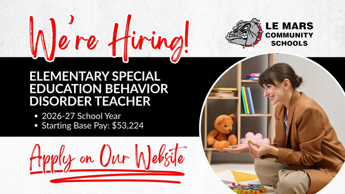 Le Mars CSD is seeking an elementary special education behavior disorder teacher for the 2026-27 school year! Starting base salary is $53,224. 🏫

Apply on our district website: lemarscsd.org/employment