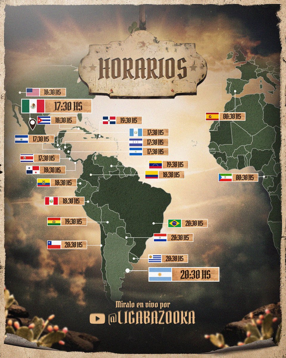🌎 HORARIOS CONFIRMADOS – LIGA BAZOOKA 🌎

Las batallas se viven en todo el mundo 🔥
Buscá tu país en el mapa y no te pierdas la transmisión.

📺 En vivo por el canal de YouTube de LIGA BAZOOKA

Si sos amigo de la Liga te pedimos que compartas este post para que todo el mundo se