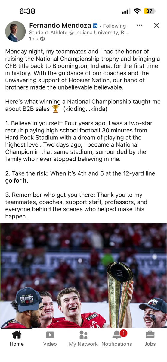 Can’t wait to see Mendoza’s LinkedIn posts after every Raiders game next year