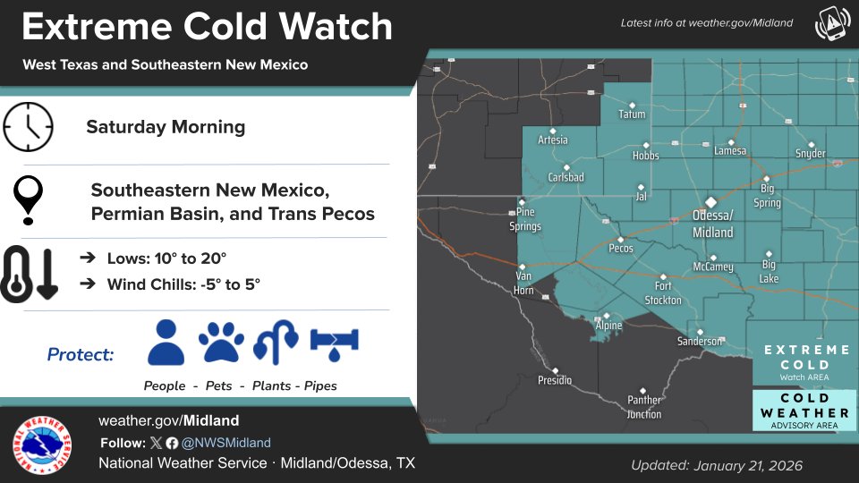 NWSMidland's tweet photo. A winter storm system is still on track to drop into our region this weekend, bringing the potential for dangerously cold conditions and all modes of wintry precipitation. Here is what we know so far, along with some tips on how to prepare and stay safe! #nmwx #txwx https://t.co/io3heHjlcS