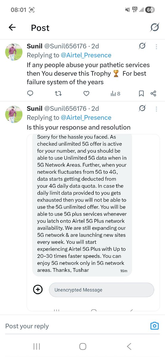 <a href="/Airtel_Presence/">Airtel Cares</a> <a href="/airtelindia/">airtel India</a>
<a href="/airtelnews/">Bharti Airtel</a>
<a href="/bhartiairtelfdn/">Bharti Airtel Foundation</a>
More than 20 times escalate this but I have never seen someone more shameless than him. Now it's time to Quit bullshit airtel network i m net recommend going to this poor network.

  Once again Shame on you <a href="/airtelindia/">airtel India</a>
