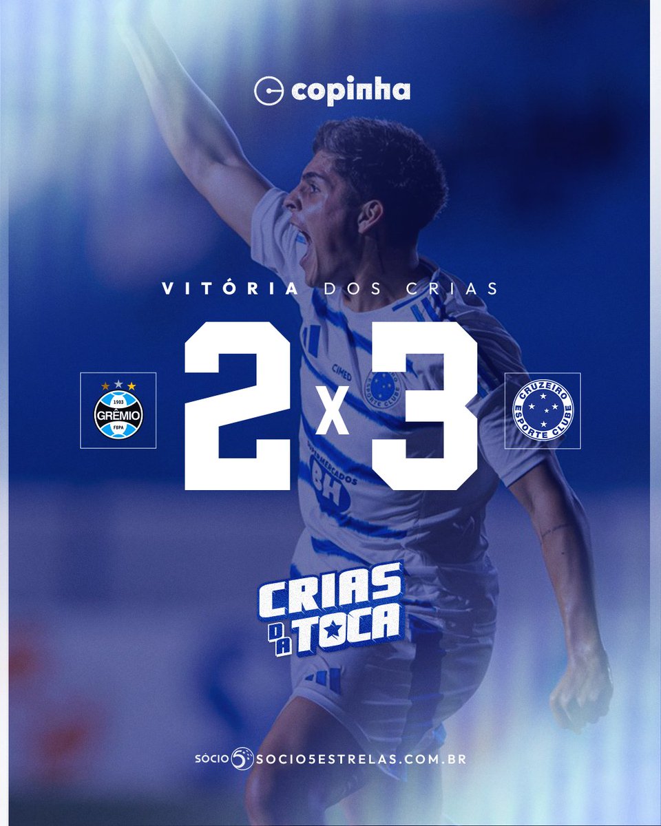 Cruzeiro's tweet image. 𝙁𝙄𝙉𝘼𝙇𝙄𝙎𝙏𝘼𝙎 𝘿𝘼 𝘾𝙊𝙋𝙄𝙉𝙃𝘼!! 🦊💙

DE VIRADA, OS CRIAS VENCERAM O GRÊMIO, POR 3 A 2, E ESTÃO EM MAIS UMA DECISÃO DA COPA SÃO PAULO DE FUTEBOL JÚNIOR!!!! VAMOOOSSSSS!!!

⚽️ BAPTISTELLA, EDUARDO PAPE E MURILO

📸 Garcia

#GRExCRU | 2-3 | #CriasDaToca