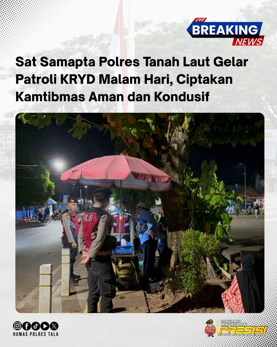 LautHumas's tweet image. Sat Samapta Polres Tanah Laut kembali menggelar Kegiatan Rutin Yang Ditingkatkan (KRYD) berupa penggelaran personel berseragam melalui Patroli Presisi dalam rangka menjaga stabilitas keamanan dan ketertiban masyarakat (harkamtibmas), Rabu malam (21/1/2026).