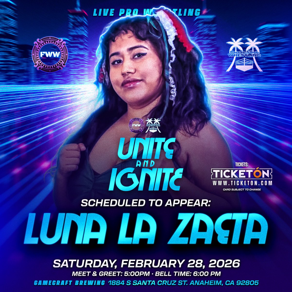 FWW_LA's tweet photo. LUNA LA ZAETA makes her Future of Women’s Wrestling debut at

UNITE &amp; IGNITE

SATURDAY, FEB 28, 2026

GAMECRAFT BREWING
1884 S SANTA CRUZ ST
ANAHEIM, CA 92805

@LunaLaZaeta

Tix: 
https://t.co/jNMp2VsAnp

#thefutureisnow #womenswrestling #wrestling #luchalibre #indiewrestling https://t.co/RqWXPe0cuq