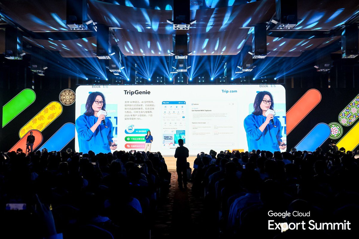 tripcomgroup's tweet photo. https://t.co/clgAshdrK6 Group recently joined the Google Cloud Export Summit in Beijing, where we showcased how generative AI is transforming travel. Our Senior Product Director and hashtag #TripGenie founder, Amy Wei, took the stage to share the evolution of our intelligent travel assistant into the multimodal "All-time Companion."  

With breakthroughs like the Gemini-powered Menu Assistant and the RAG-driven Smart Travel Planner, we’re making travel planning instant, personal, and effortless. These innovations helped drive a 3x increase in user growth and a 73% boost in 7-day retention over the past year.  

We are inspired by the potential of AI to reshape travel and grateful to Google Cloud for fostering this forward-looking dialogue. Forward, to a smarter journey ahead！  

#TripTalks #TripcomGroup #AI #TripGenie #Innovation #TravelTech #GoogleCloud