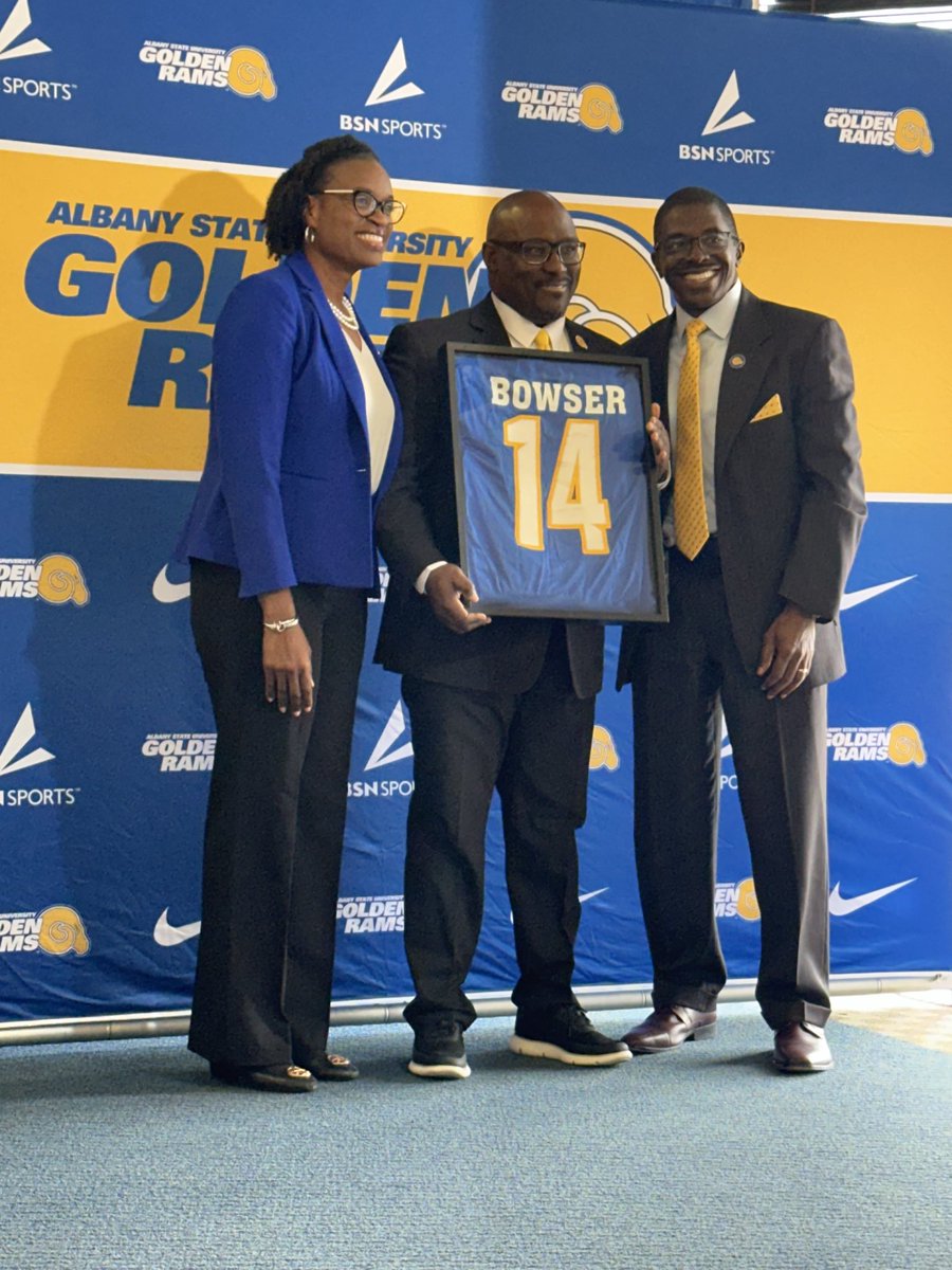 DrKKelly's tweet image. Today, we officially announced @CoachBowser2 as our @ASUGoldenRamsFB head coach. He in turn announced his creation of an @AlbanyStateUniv endowed scholarship in his mom’s name! #Grateful #CreatingLegacies