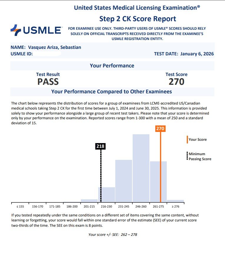 svasquez1X's tweet image. Proud to share that I received my Step 2 CK score today, one step closer. Grateful for everyone who supported me. 🙏 

#MedTwitter #Match2027 #USMLE