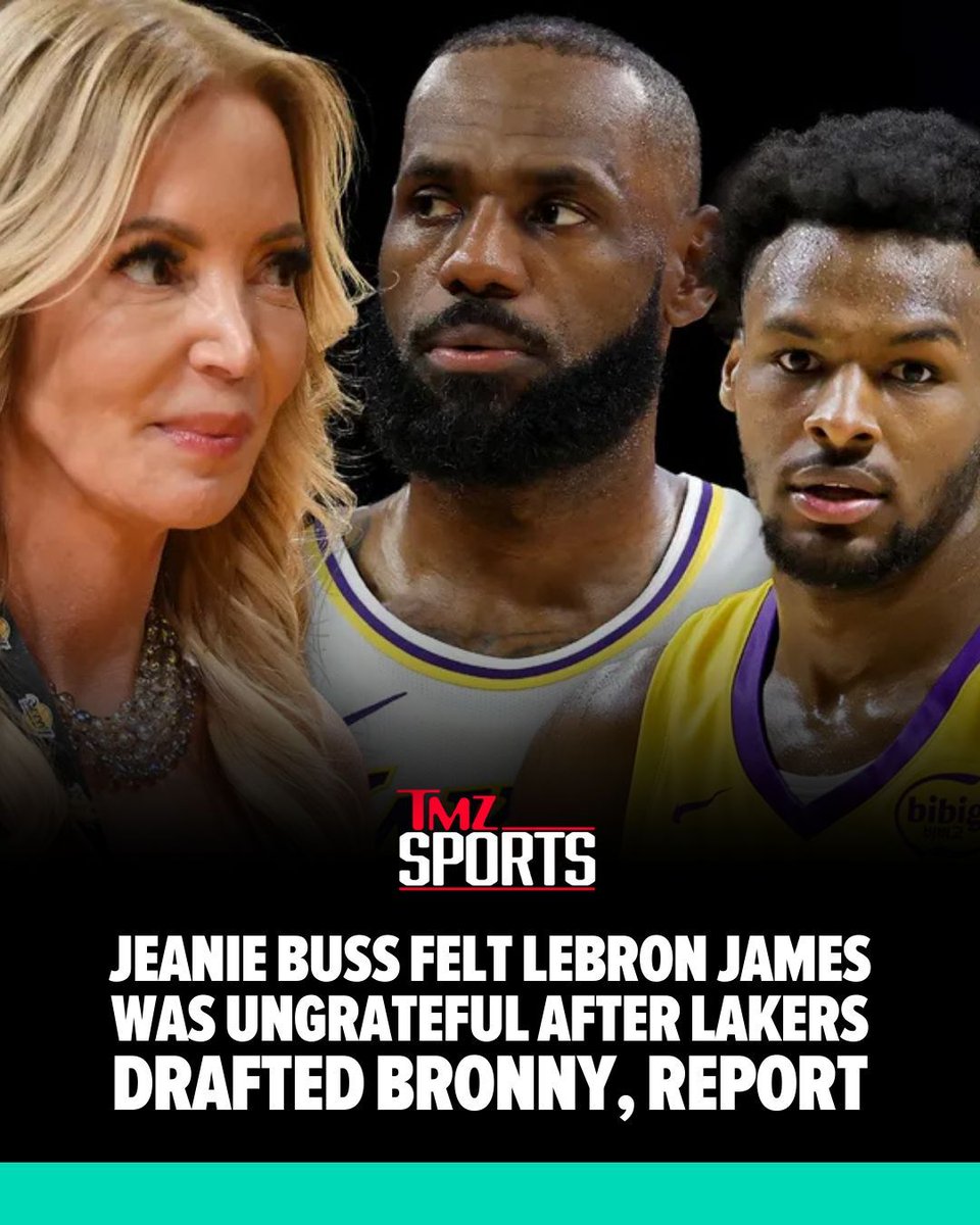 TMZ's tweet image. Jeanie Buss has been quietly fuming over LeBron James after he didn’t exactly show his appreciation for the Lakers drafting his son Bronny, according to a new report.

Read more: buff.ly/PaTOedt