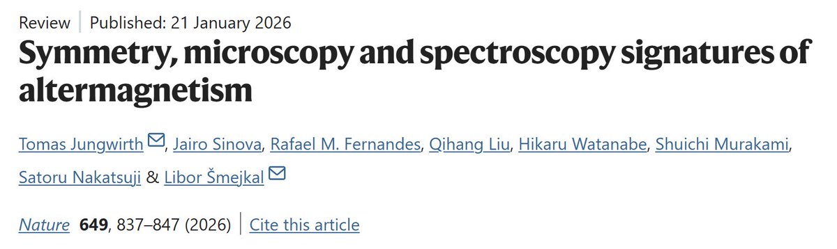 Symmetry, microscopy and spectroscopy signatures of altermagnetism
nature.com/articles/s4158…
交代磁性の対称性、顕微鏡的特徴、分光学的特徴について検討してNature

交代磁性の最新レビューがNatureｷﾀ━━━━(ﾟ∀ﾟ)━━━━!!
日本勢も参加してるね