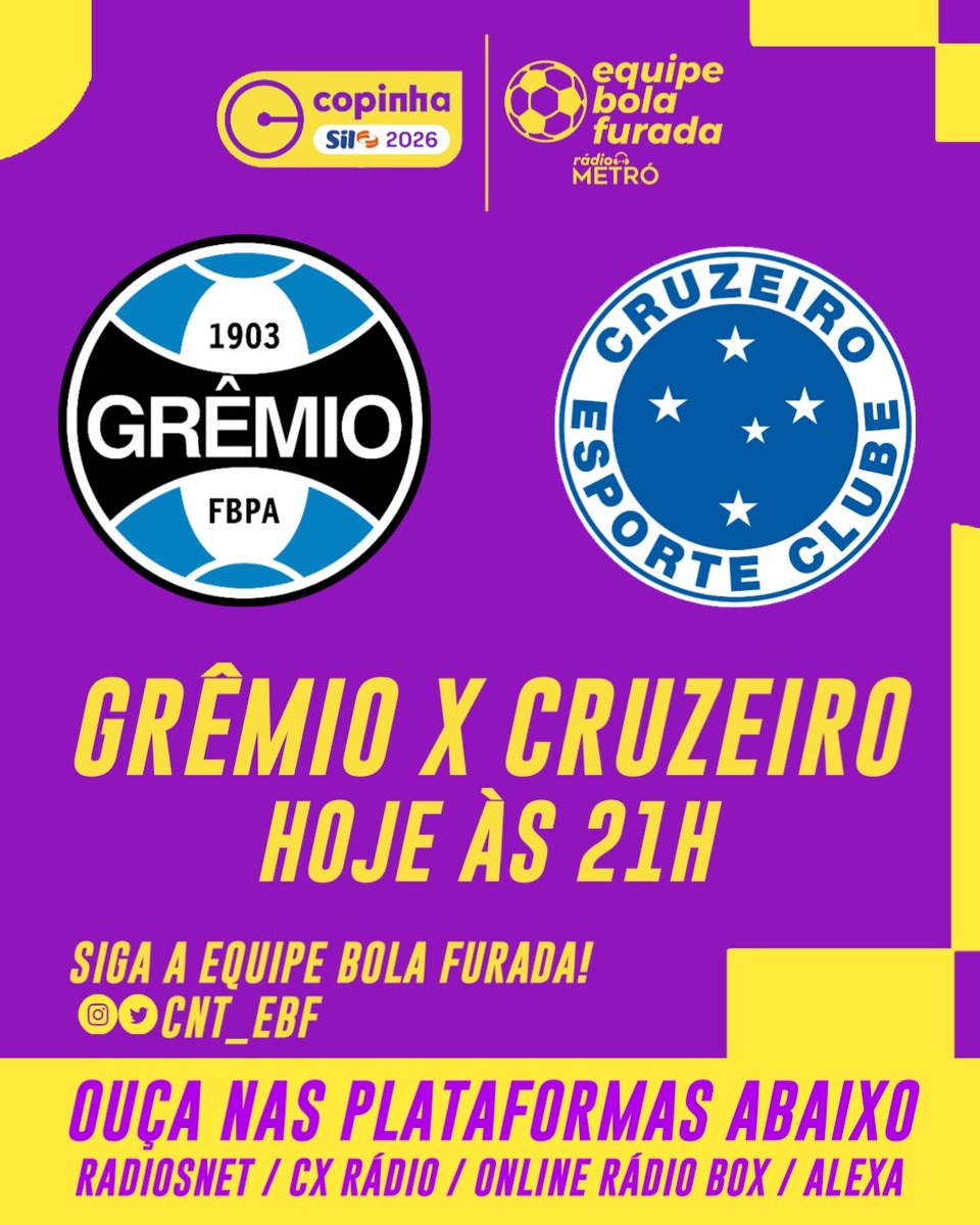 A COPINHA TÁ CHEGANDO CADA VEZ MAIS PERTO DA FINAL E A RÁDIO METRÓ TRAZ AS EMOÇÕES PRA VOCÊ!

Você vai acompanhar as emoções de Grêmio x Cruzeiro, não perca! A transmissão começa às 21h.

Interaja com a hashtag #CopinhaNaMetró, estaremos ligados!