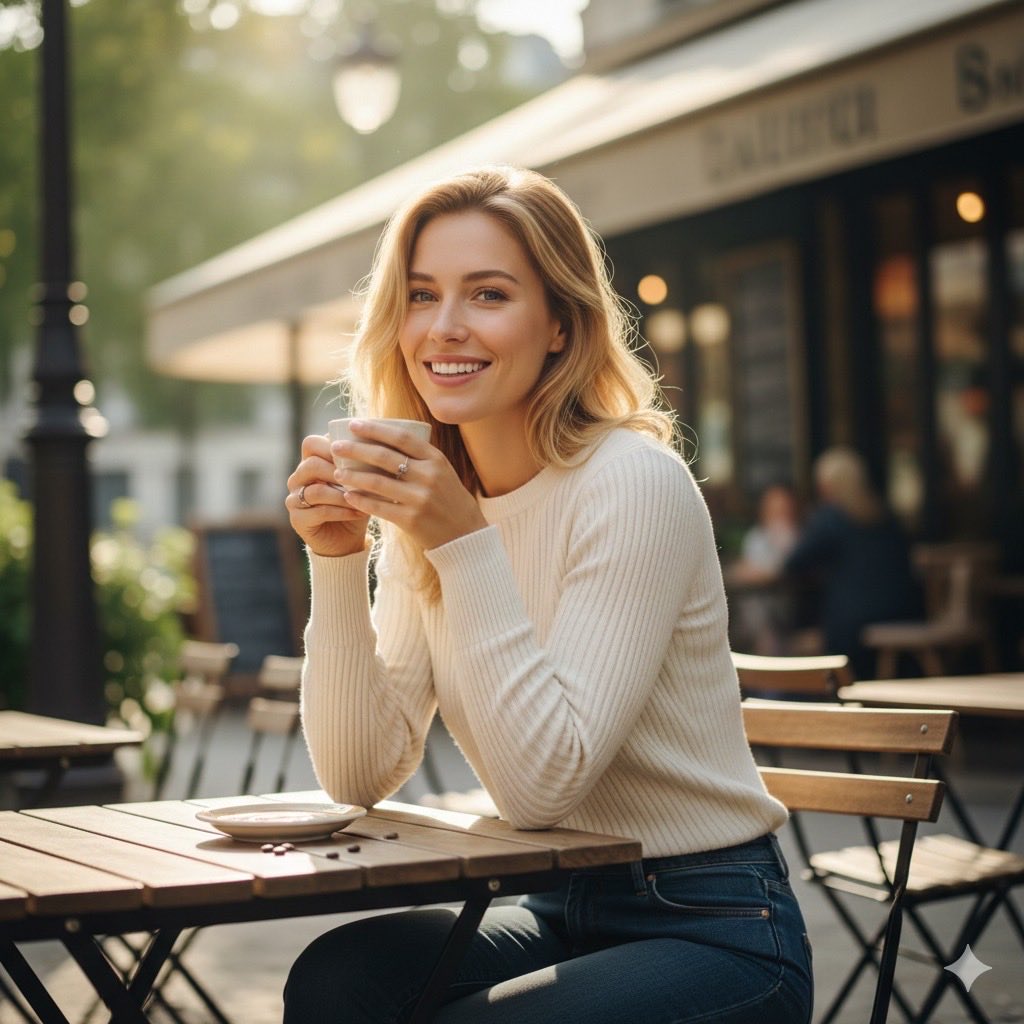 peachyfrill's tweet photo. Gemini Nano Banana Pro
GM
Prompt

{
  "prompt": "A cinematic lifestyle portrait of a beautiful American young woman sitting at an outdoor café, casually sipping a cup of coffee. She is wearing a stylish casual outfit—soft sweater and jeans—with relaxed posture and a natural, content smile. Soft morning sunlight highlights her face and hair, creating a warm and inviting atmosphere. She looks serene and confident, slightly turning toward the camera as if caught in a genuine moment of pause. Modern lifestyle photography, effortless elegance, realistic and natural moment.",
  "style": "realistic, cinematic, elegant",
  "lighting": "soft morning sunlight, natural and warm",
  "mood": "calm, cozy, confident",
  "camera": "eye-level shot, natural pose, candid feel",
  "environment": "outdoor café setting, wooden table, greenery and soft urban background, daytime",
  "quality": "high detail, realistic textures, professional photography look"
}