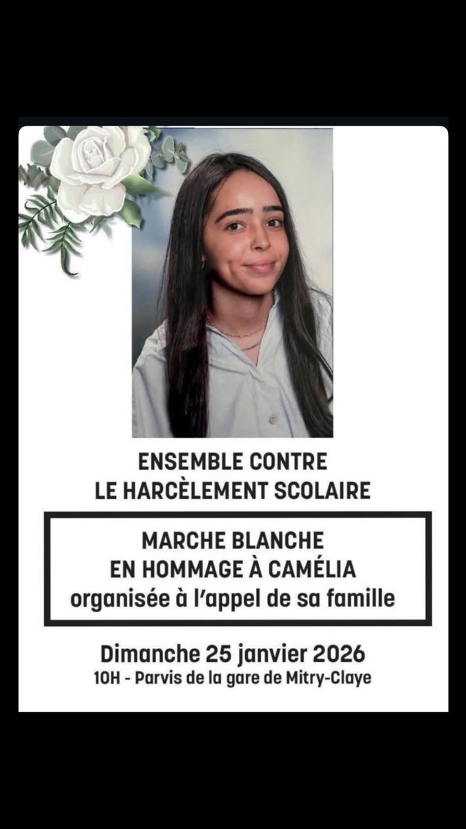 bvmakosoldat's tweet photo. Ce dimanche, une marche blanche est organisée en hommage à Camélia, à l’appel de sa famille. Pour dire non au harcèlement scolaire. Pour rappeler que derrière les mots, les moqueries et le silence, il y a des vies. https://t.co/CvdkJdFZZ4