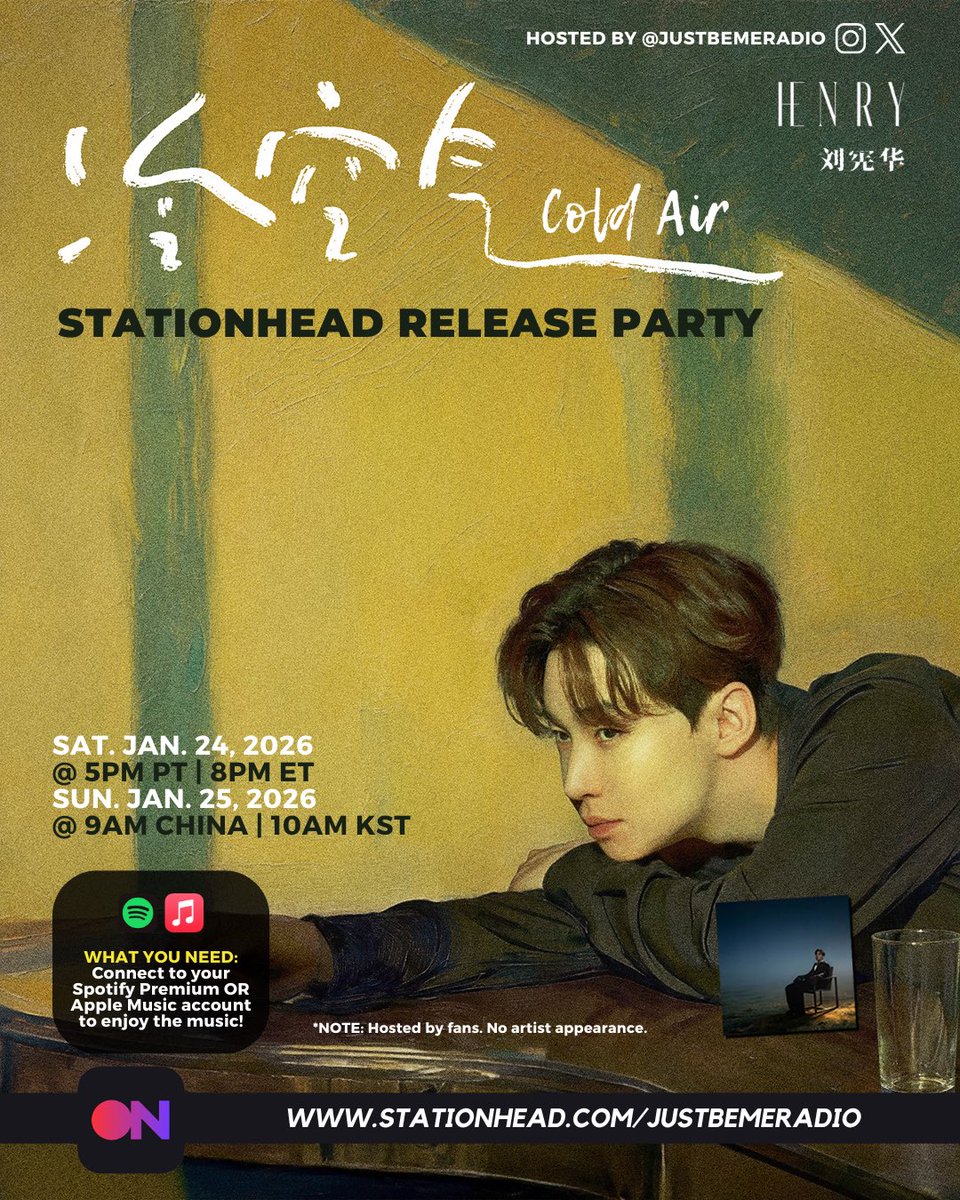 JustBeMeRadio's tweet image. Let's jam to @henryl89's new single! 🤩 Streaming together @JustBeMeRadio @STATIONHEAD! 🎻

Sat. 1/24 at 5pm PT | 8pm ET
Sun. 1/25 at 9am China | 10am KST
stationhead.com/justbemeradio
📌 No artist.

@MONSTERGRP

#HenryLau #헨리 #劉憲華 #刘宪华 #Strings #Hennims #ColdAir #HENRY_ColdAir