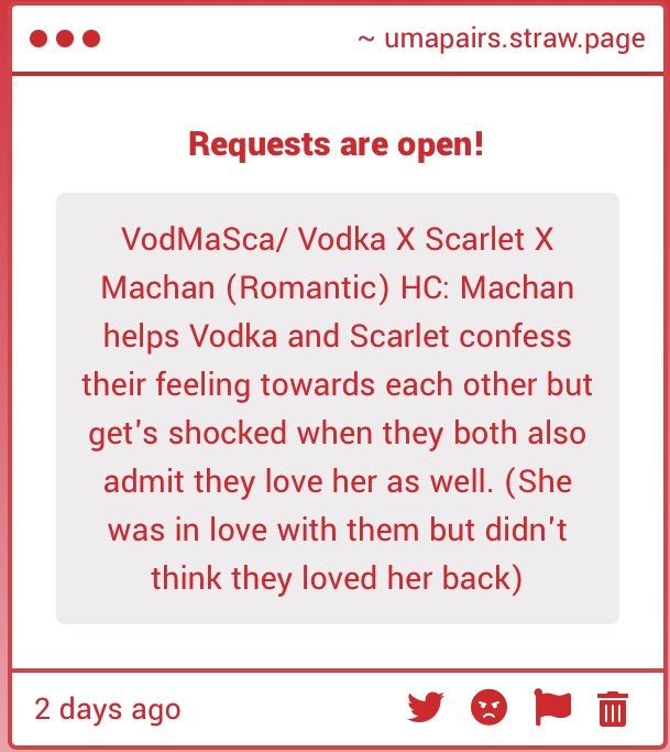 Today’s third trio is Vodka x Aston Machan x Daiwa Scarlet!

Headcanon in images.

#Vodka #AstonMachan #DaiwaScarlet